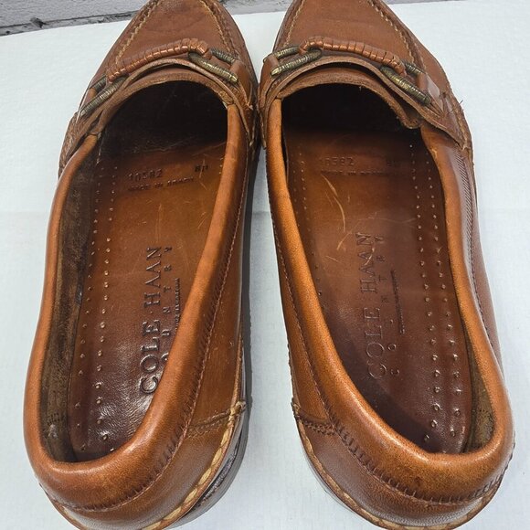 COLE HAAN BROWN LEATHER SLIP ON LOAFERS WITH FAUX BUCKLE TOE DETAIL SIZE 8 MENS - Picture 9 of 9